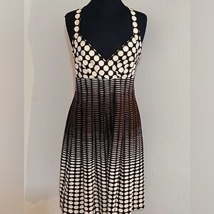 Calvin Klein Halter Dress w/Pleated Flare, Brown/Cream Polka-dots/Lines, Size 12